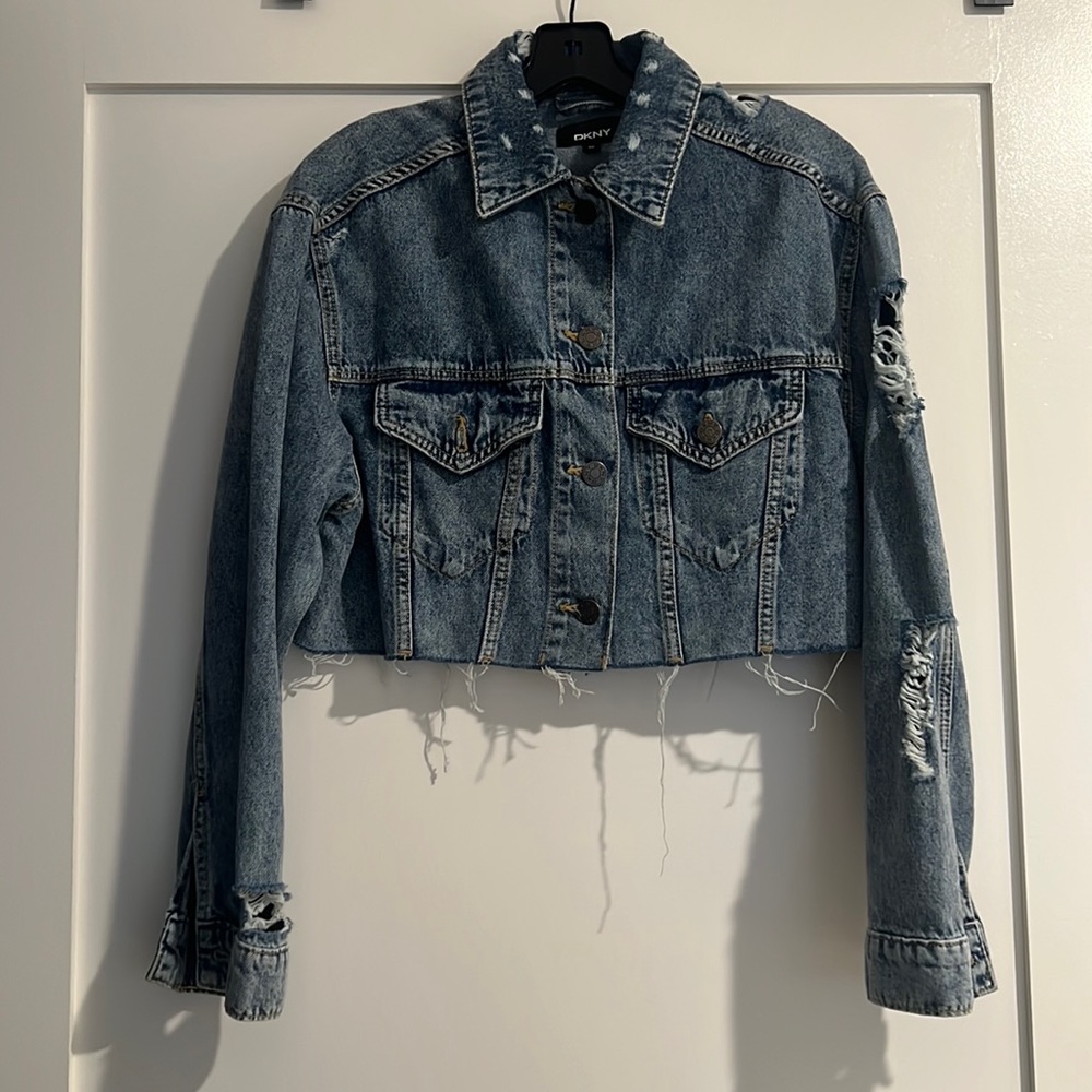 DKNY Cropped Distressed Denim Jacket
